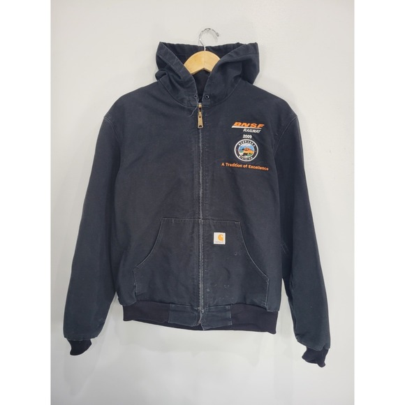 Distressed Carhartt BNSF Railway Y2K J131 Black Hooded Jacket Size Small